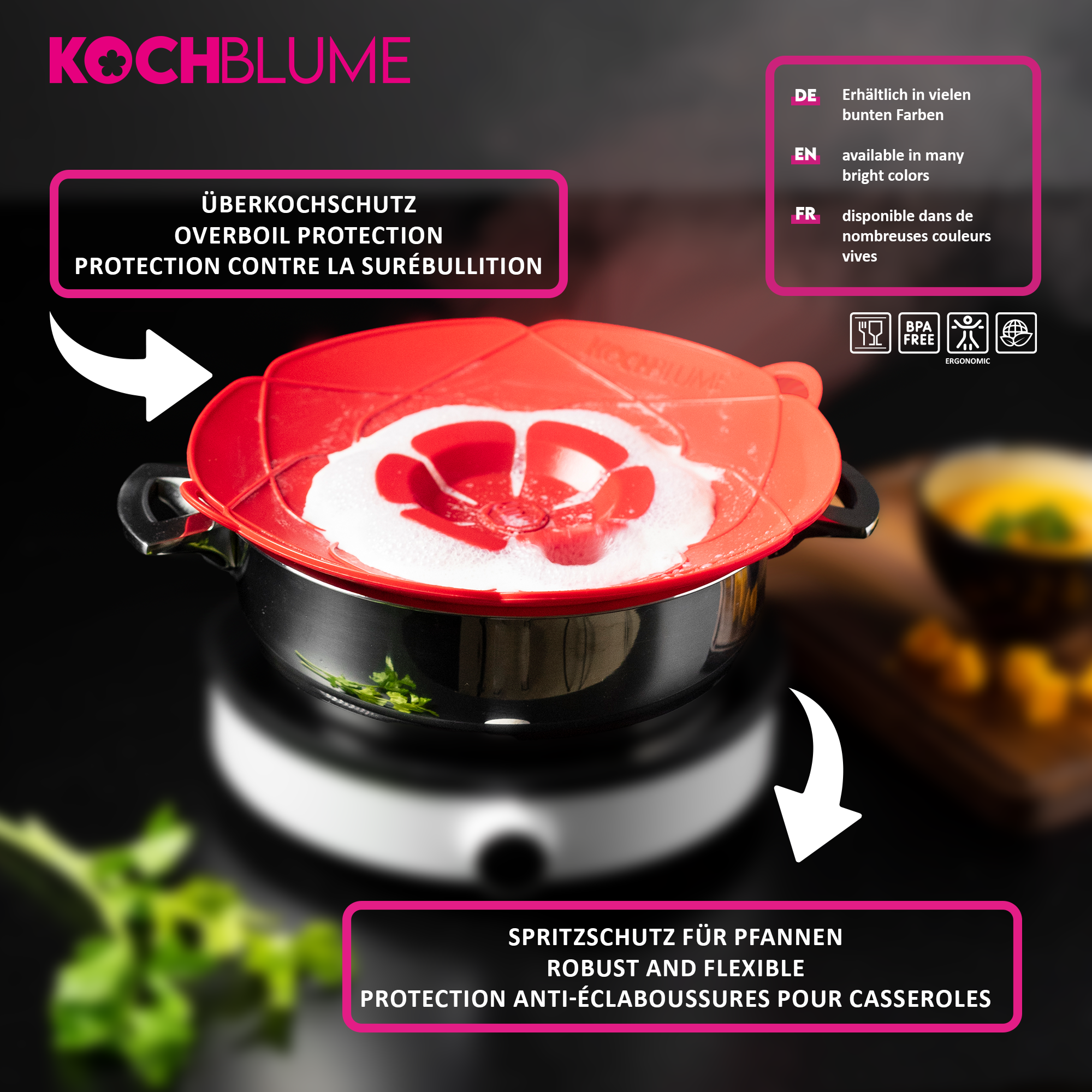 Rote Kochblume mit Informationen zum Produkt